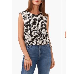 Vince Camuto Womens Abstract Print Crepe de Chine Bubble Top Navy Ivory Medium